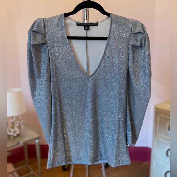 Blue V-Neck blouse Puff sleeve blue silver shimmery top medium - Picture 1 of 10